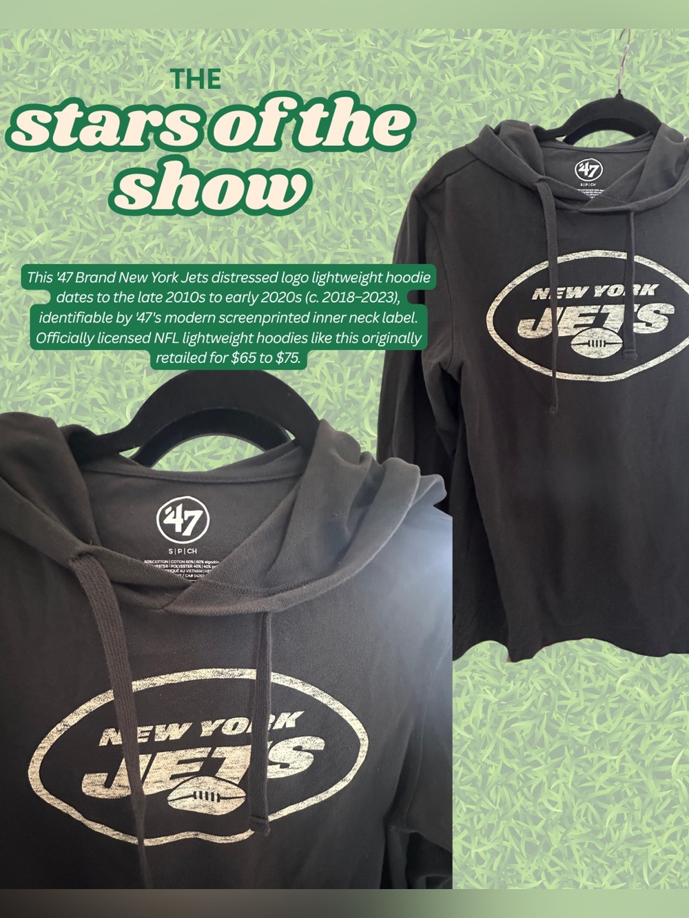 47 Brand New York Jets Black Hoodie with White Distressed Logo lightweight